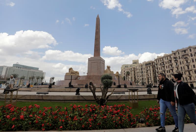 FILE PHOTO: The Ramses II obelisk is seen after the renovation of Tahrir Square for transferring 22 mummies from the Egyptian Museum, in Tahrir, to the National Museum of Egyptian Civilization, in Fustat, in Cairo
