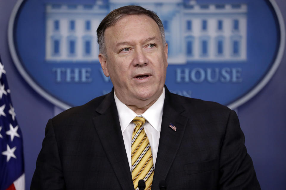 Secretary of State Mike Pompeo speaks during a briefing on terrorism financing at the White House, Tuesday, Sept. 10, 2019, in Washington. (AP Photo/Evan Vucci)