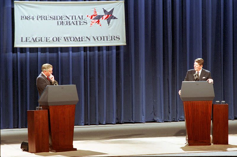 U.S. President Ronald Reagan and Democratic presidential candidate Walter Mondale are pictured during the first 1984 U.S. presidential election debate in Louisville