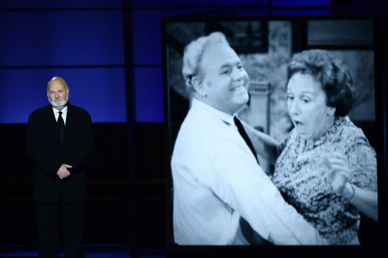 From left, Rob Reiner, Caroll O'Connor and Jean Stapleton will be featured in Pluto TV's "All in the Family" marathon. File Photo by Jim Ruymen/UPI