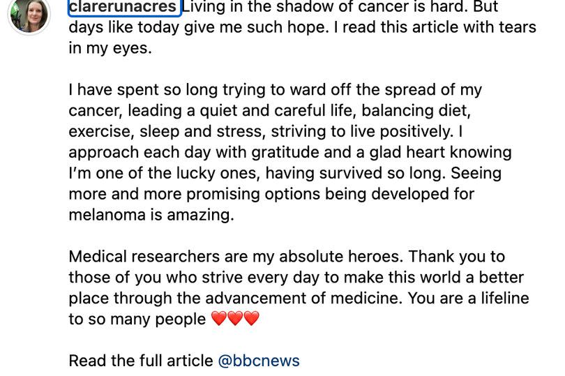 The 52-year-old says she is grateful for every day and has welcomed news of a cancer breakthrough, admitting that she read the story with 'tears in her eyes'