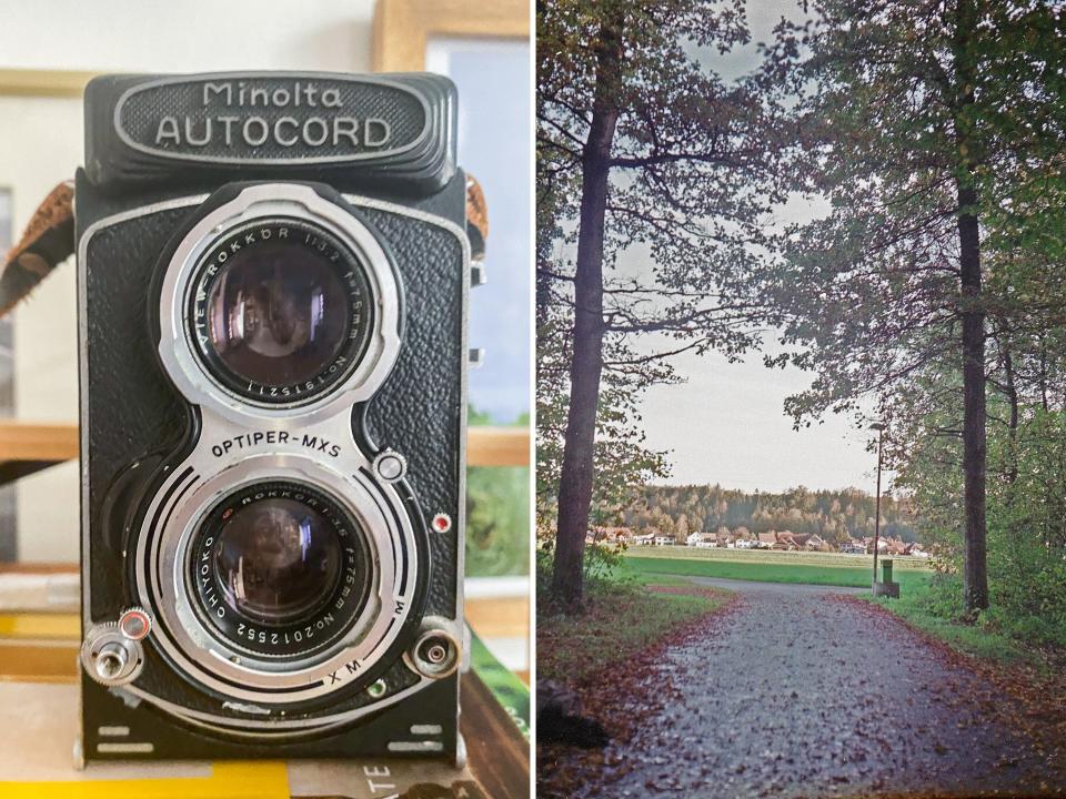 The author's film camera (L) and a photo she took with it in Switzerland (R).