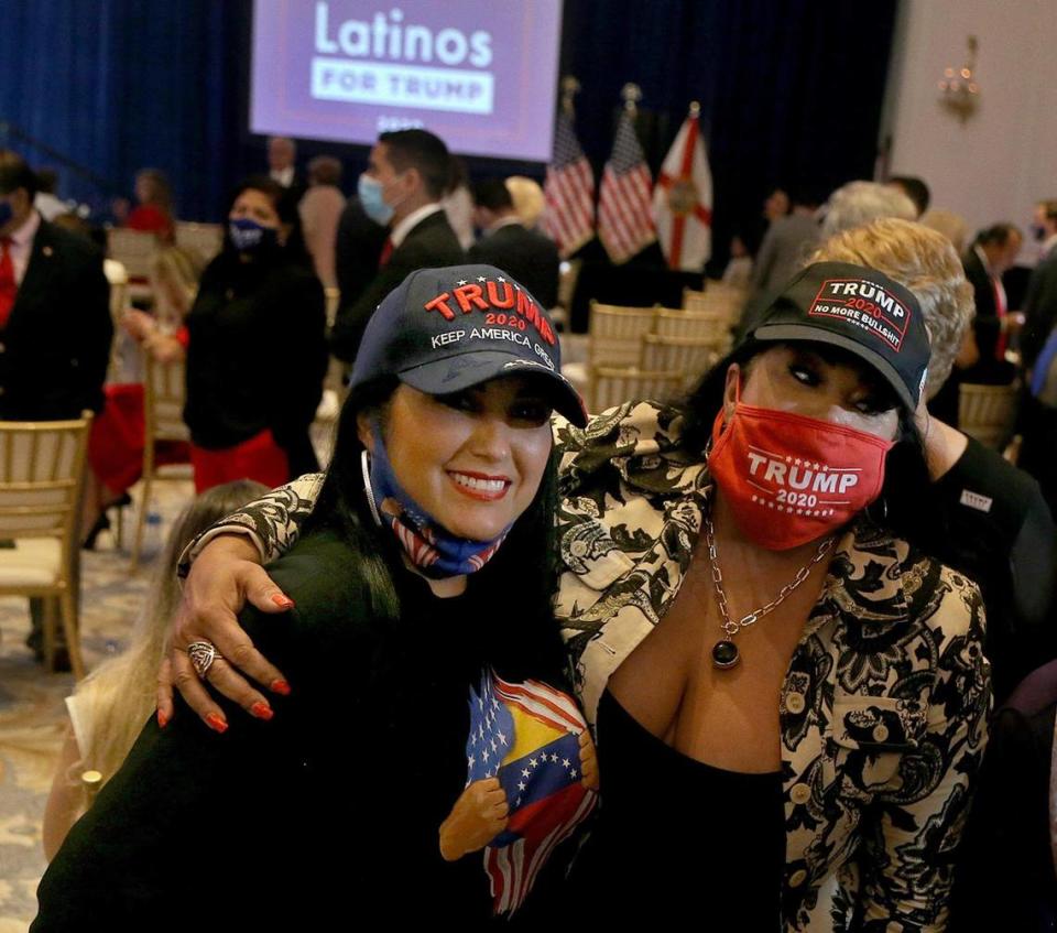 From left, sisters Lilibeth and Liliana Rodriguez Morillo, daughters of Venezuelan music icon Jose Luis Rodriguez, or “El Puma,” at the Latinos for Trump event. President Donald Trump met members of the community for a roundtable at the Trump National Doral in Doral, Florida, on Friday, September 25th, 2020.