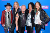 <p>Brad Whitford, Tom Hamilton, Joey Kramer, Joe Perry, and Steven Tyler of Aerosmith attend the 2018 MTV Video Music Awards at Radio City Music Hall on August 20, 2018 in New York City. (Photo: Matthew Eisman/FilmMagic) </p>