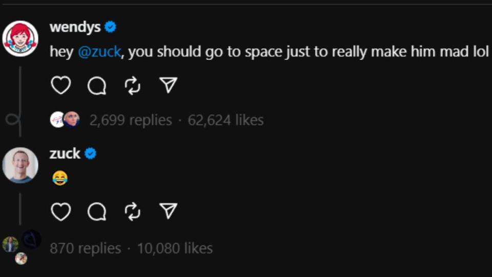 溫蒂漢堡建議祖克柏上太空，跟馬斯克的SpaceX競爭。（圖／翻攝自Wendys Threads）