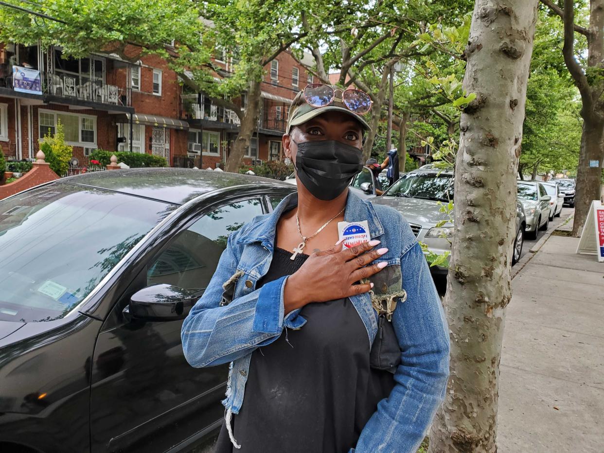 Caroline Jackson after voting early at the Public School 68 Bildersee site in Canarsie, Brooklyn.