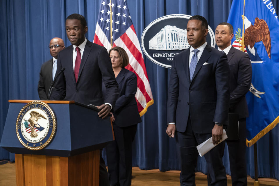 Deputy Treasury Secretary Wally Adeyemo speaks alongside from left, Brian C. Turner, FBI associate deputy director, Deputy Attorney General Lisa Monaco, Assistant Attorney General Kenneth Polite Jr., and U.S. Attorney for the Eastern District of New York, Breon Peace, while announcing international enforcement action against cryptocurrency exchange Bitzlato and the arrest of the company's founder, Russian national Anatoly Legkodymov, during a news conference at the Justice Department, Wednesday, Jan. 18, 2023, in Washington. / Credit: Nathan Howard / AP