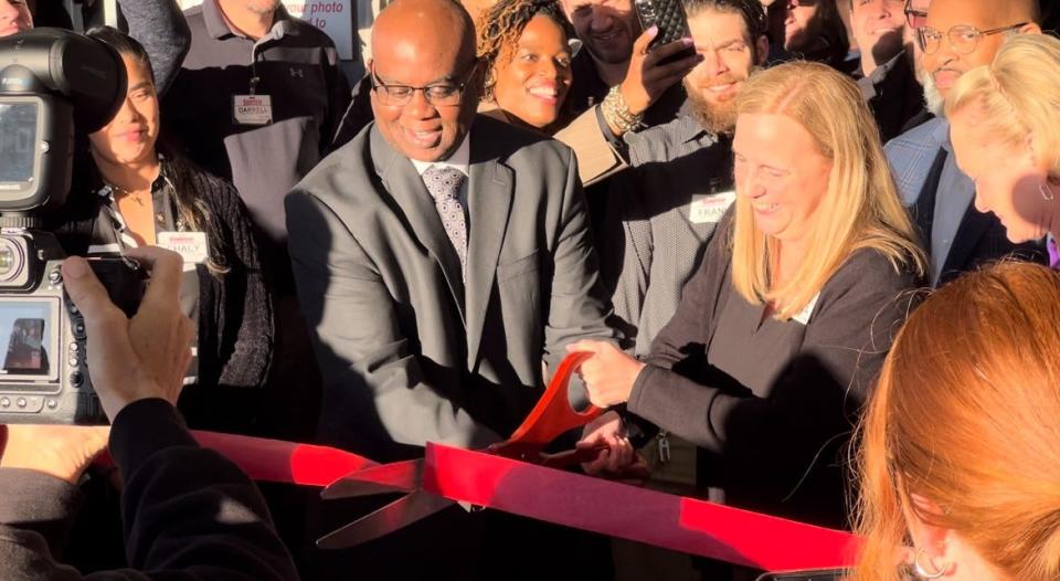 Daytona Beach Mayor Derrick Henry and Donna Clinger, general manager of the new Costco store at One Daytona, cut the ribbon to officially open the retail giant's newest location on Thursday morning, Feb. 22, 2024. The nearly 162,000-square-foot membership warehouse club store is across the street from Daytona International Speedway.