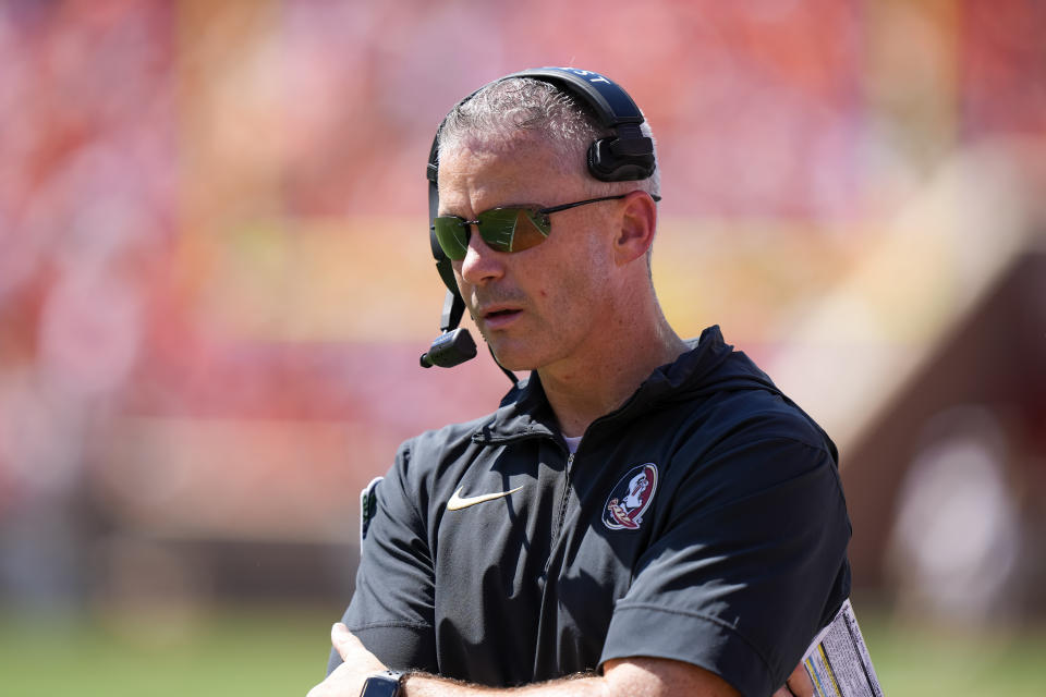 Sep 23, 2023; Clemson, South Carolina, USA; Florida State Seminoles head coach Mike Norvell on the sideline in the first half against the Clemson Tigers at Memorial Stadium. Mandatory Credit: David Yeazell-USA TODAY Sports