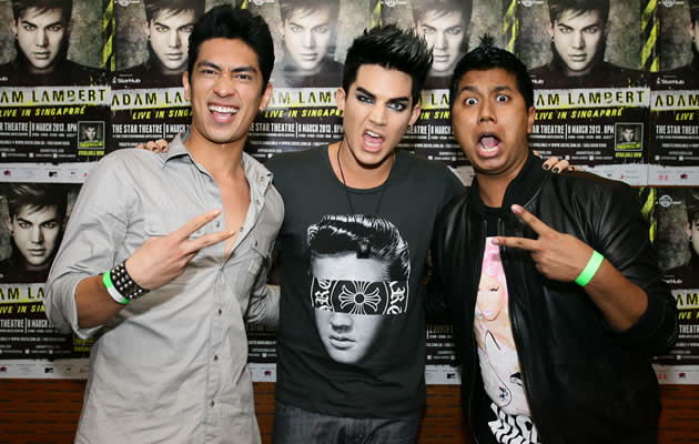 The Double Ds are Divian Nair, 26, (left) and Darryl Koshy aka Dee Kosh, 25, (right), posing with American star Adam Lambert. (Mediacorp Photo)