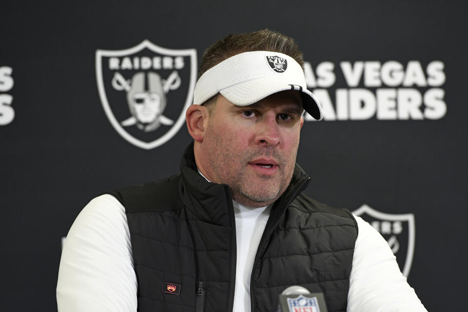 Las Vegas Raiders head coach Josh McDaniels meets with reporters after an NFL football game against the Pittsburgh Steelers in Pittsburgh, Saturday, Dec. 24, 2022. The Steelers won 13-10. (AP Photo/Don Wright)