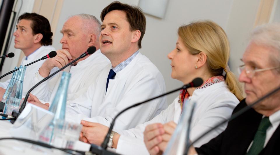 The team of doctors involved in treating Yulia Tymoshenko, from left, Peter Vajkoczy, Norbert Haas, Matthias Endres, Anett Reisshauer and Karl Max Einhaeupl attend a press conference at Charite Hospital in Berlin, Germany, Saturday March 8, 2014. Ukraine's former prime minister, Yulia Tymoshenko, has started medical treatment at Berlin's Charite hospital after arriving late Friday, but doctors treating her say it's too soon to say how long this will take. Hospital chairman Karl Max Einhaeupl says doctors will decide by Monday whether the 53-year-old needs an operation for her severe back pain resulting from slipped discs she suffered more than two years ago. (AP Photo/dpa,Kay Nietfeld)