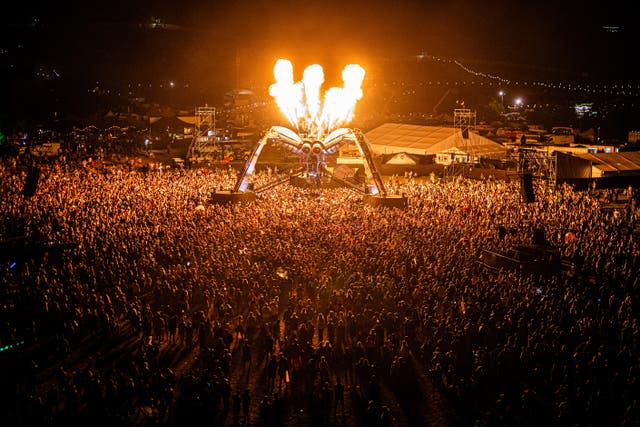 Chemical Brothers perform to huge crowds beneath the Arcadia spider at Glastonbury in 2023