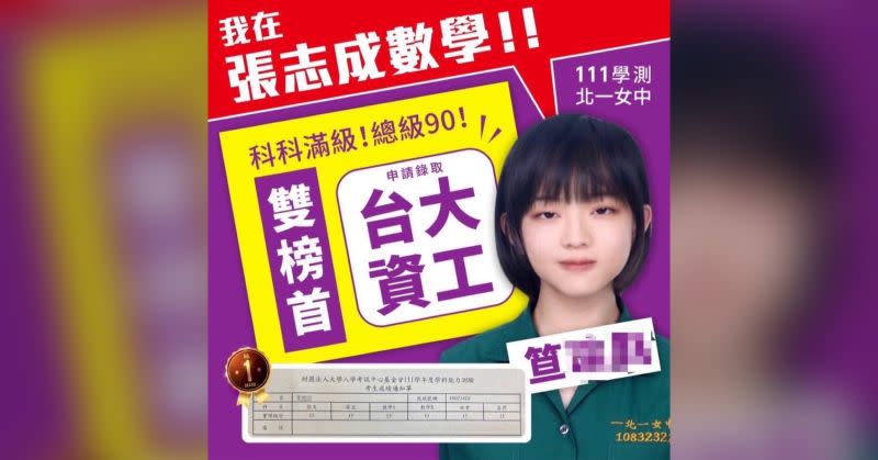 ▲北一女中的笪同學，被不少網友認為撞臉近期當紅動漫人物安妮亞。（圖／「張志成數學」授權使用）