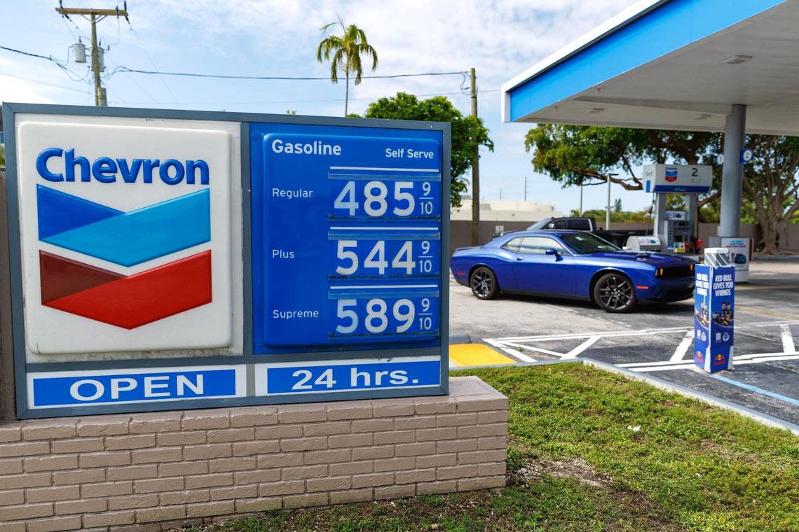 The price of gas is displayed at the Chevron gas station located at US-1 & Old Griffin Rd in Dania Beach, Florida on Tuesday, April 18, 2023.