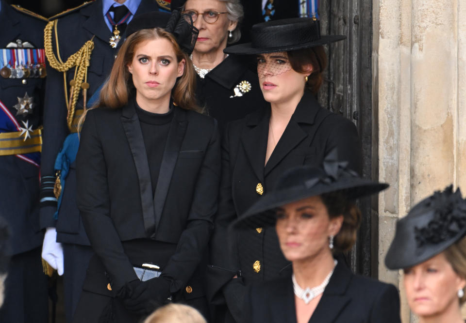 LONDON, ENGLAND - SEPTEMBER 19: Princess Beatrice, Birgitte, Duchess of Gloucester and Princess Eugenie during the State Funeral of Queen Elizabeth II at Westminster Abbey on September 19, 2022 in London, England. Elizabeth Alexandra Mary Windsor was born in Bruton Street, Mayfair, London on 21 April 1926. She married Prince Philip in 1947 and ascended the throne of the United Kingdom and Commonwealth on 6 February 1952 after the death of her Father, King George VI. Queen Elizabeth II died at Balmoral Castle in Scotland on September 8, 2022, and is succeeded by her eldest son, King Charles III. (Photo by Karwai Tang/WireImage)