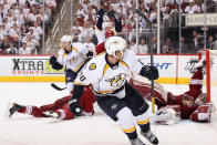 GLENDALE, AZ - APRIL 27: Martin Erat #10 of the Nashville Predators looks to the net after scoring a third period power play goal past goaltender Mike Smith #41 of the Phoenix Coyotes in Game One of the Western Conference Semifinals during the 2012 NHL Stanley Cup Playoffs at Jobing.com Arena on April 27, 2012 in Glendale, Arizona. (Photo by Christian Petersen/Getty Images)