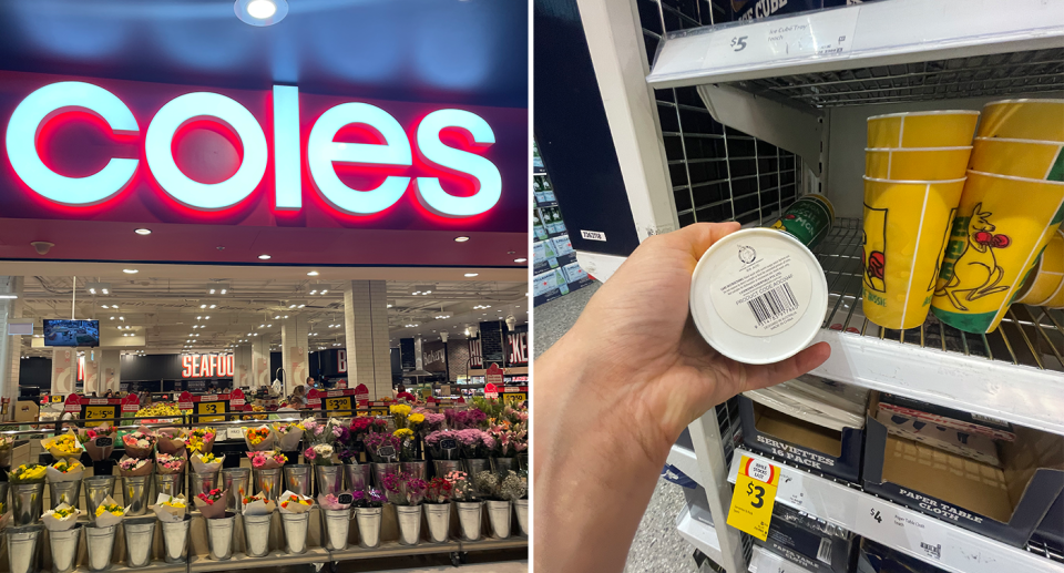 Left - a Coles store front. Right - the underside of a Boxing Kangaroo cup.