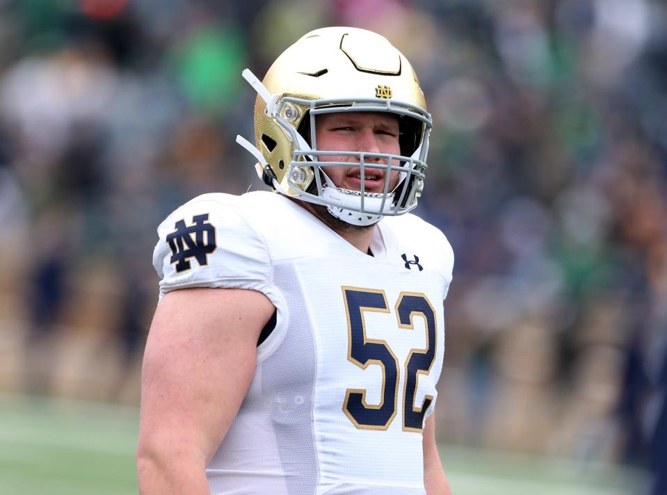 Notre Dame offensive lineman Zeke Correll (52) during the Notre Dame Blue-Gold Spring Football game on Saturday, April 22, 2023, at Notre Dame Stadium in South Bend.