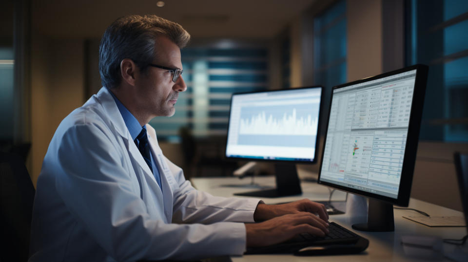 A doctor using the cutting-edge patient management software in their office.