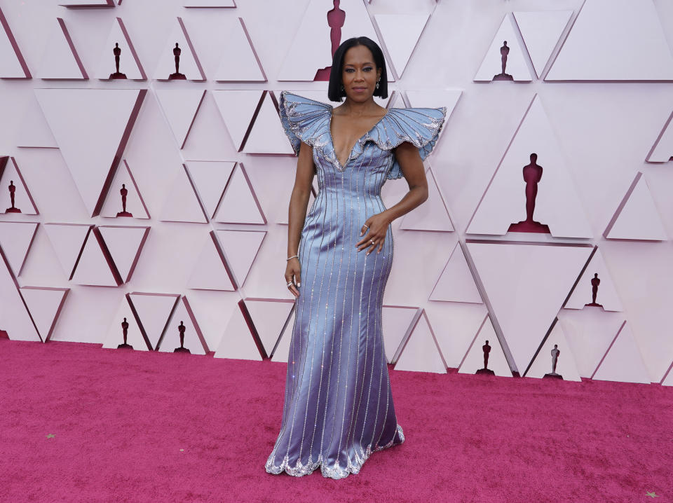 Regina King arrives at the Oscars on Sunday, April 25, 2021, at Union Station in Los Angeles. (AP Photo/Chris Pizzello, Pool)