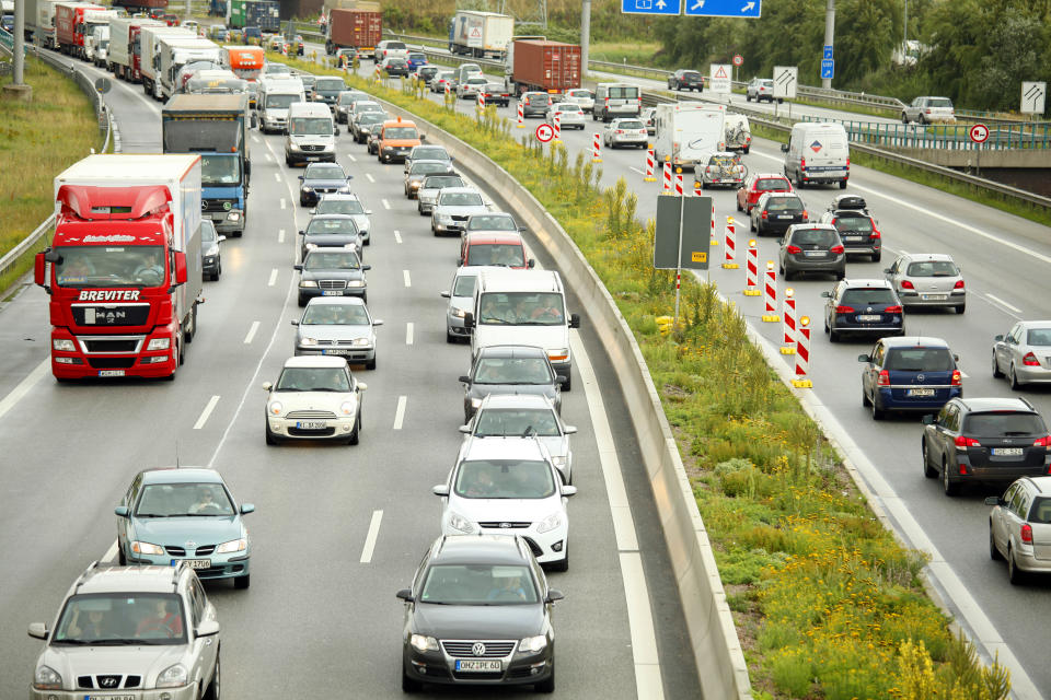 "Hamburg, Germany - July 19, 2012: Traffic on Highway, A1 Autobahn, Germany at closing time with traffic jam."