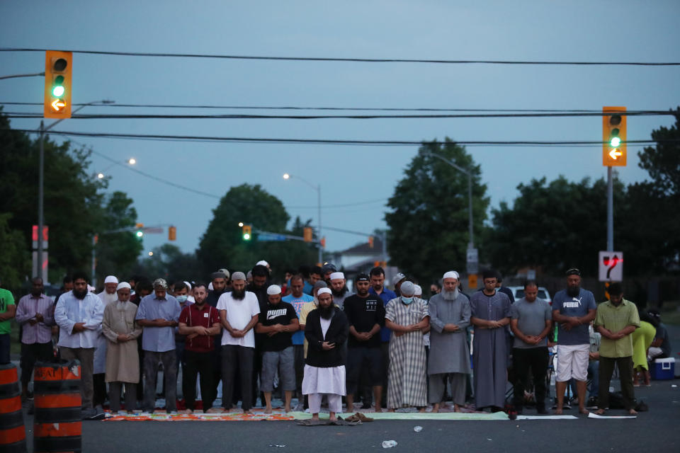 MISSISSAUGA, ON- JUNE 22  -   Prayers are held in the intersection. After a rally and a march, protesters continue to  occupy the intersection of Goreway and Morning Star, as they hold vigil outside the Malton apartment building where 62-year-old Ejaz Choudry was fatally shot by Peel police officers Saturday after police responded to a call for a mental-health crisis. June 22, 2020.        (Steve Russell/Toronto Star via Getty Images)