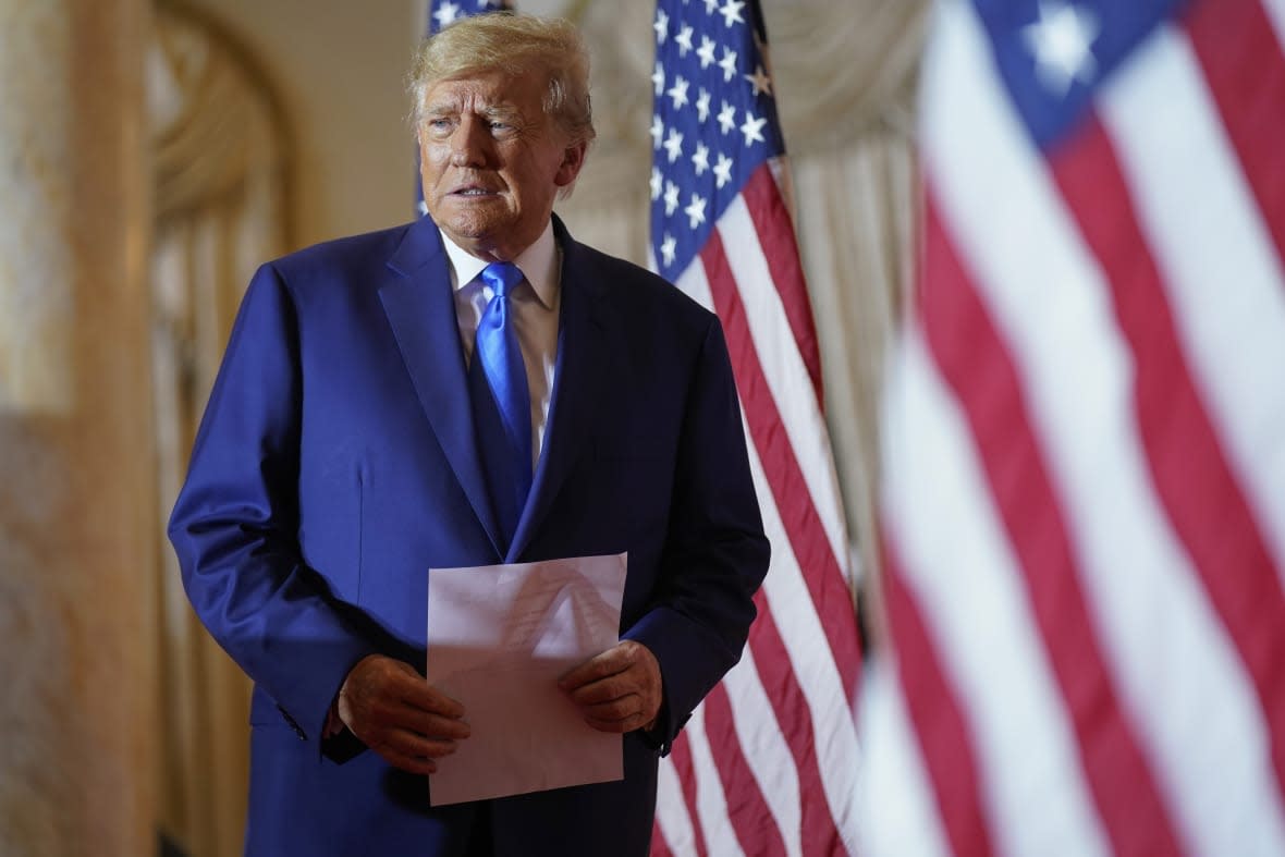 FILE – Former President Donald Trump arrives to speak at Mar-a-lago on Election Day, Nov. 8, 2022, in Palm Beach, Fla. Democrats in Congress have released six years’ worth of former President Donald Trump’s tax returns. It’s the culmination of a yearslong effort to learn about the finances of a onetime business mogul who broke decades of political norms when he refused to voluntarily release the information as he sought the White House. (AP Photo/Andrew Harnik, File)