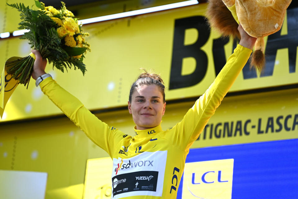 MONTIGNACLASCAUX FRANCE  JULY 25 Lotte Kopecky of Belgium and Team SD Worx  Protime  Yellow Leader Jersey celebrates at podium during the 2nd Tour de France Femmes 2023 Stage 3 a 1472km stage from CollongeslaRouge to MontignacLascaux  UCIWWT  on July 25 2023 in MontignacLascaux France Photo by Tim de WaeleGetty Images