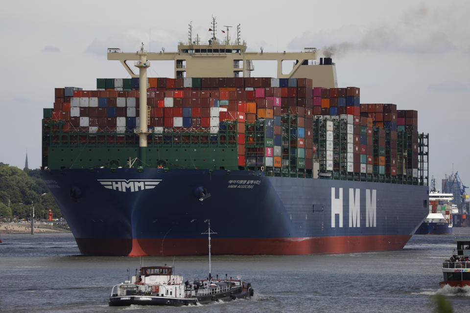 The HMM Algeciras, currently the world's largest container ship, departs from Hamburg Port in Germany. Photo: Morris MacMatzen/Getty Images