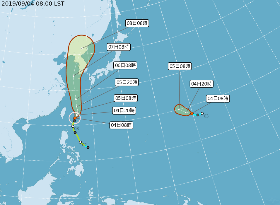 ▲氣象局今（ 4 ）日上午已經第 13 號颱風「玲玲」升級為中度颱風，威克島西南西方海面還有一個熱帶低壓發展中，最快這一兩天有機會生成第 15 號颱風法西。（圖／中央氣象局）