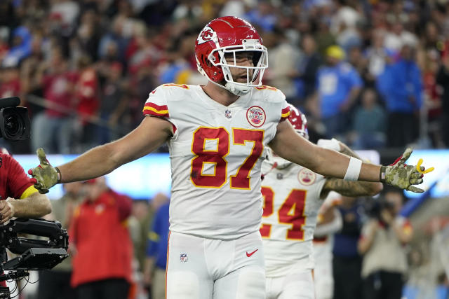 Kansas City Chiefs tight end Travis Kelce (87) looks on during an NFL  football game against the San Francisco 49ers, Sunday, Oct. 23, 2022 in  Santa Clara, Calif. (AP Photo/Lachlan Cunningham Stock