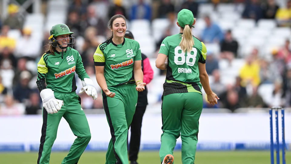 Maitlan Brown celebrates with her Southern Brave teammates during a win in their first game of The Hundred season. Pic: Getty