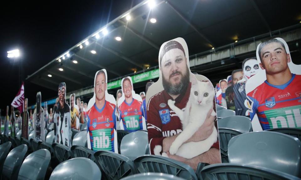 Cardboard cutouts of fans in the stands for the round 3 NRL match between the Sea Eagles and the Bulldogs in Gosford.