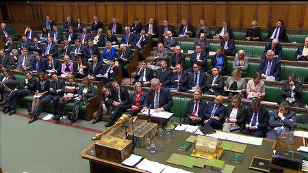 Britain's Attorney General Geoffrey Cox makes a statement in the House of Commons, in London, Britain, December 3, 2018. Parliament TV handout via REUTERS