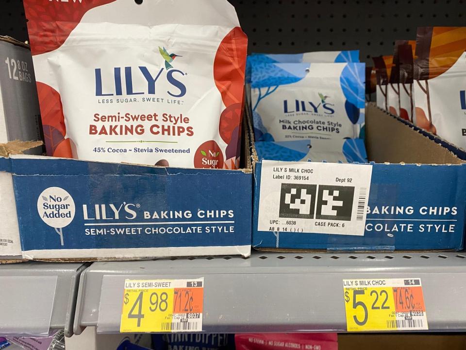 bags of lily's chocolate on the shelves at walmart