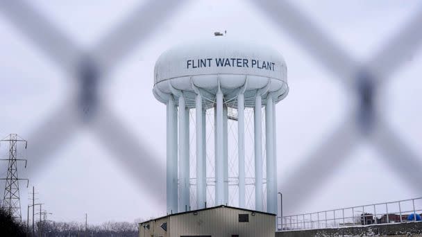 PHOTO: The Flint water plant tower is pictured on Jan. 6, 2022, in Flint, Mich. (Carlos Osorio/AP, FILE)