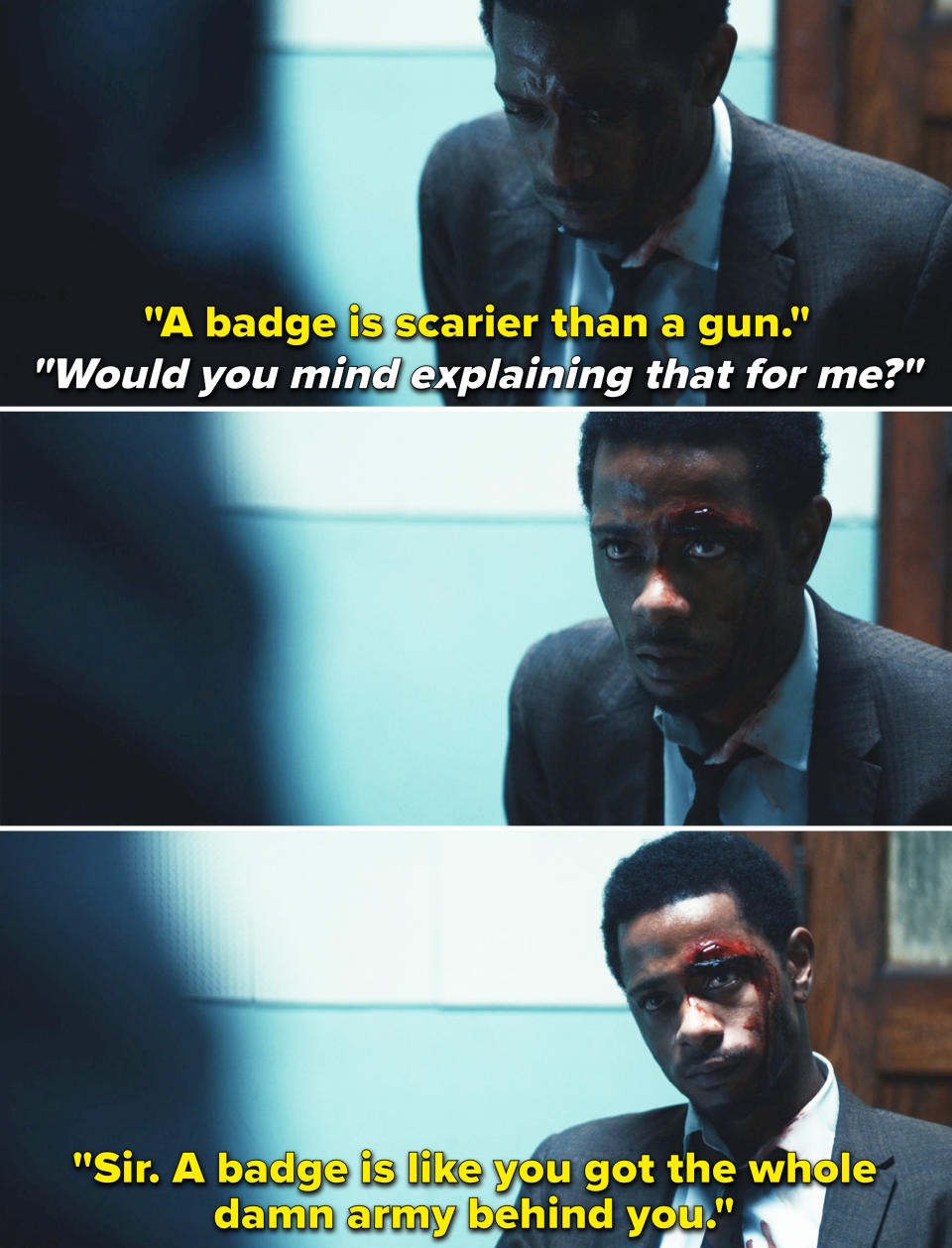 LaKeith in a scene saying a badge is scarier than a gun