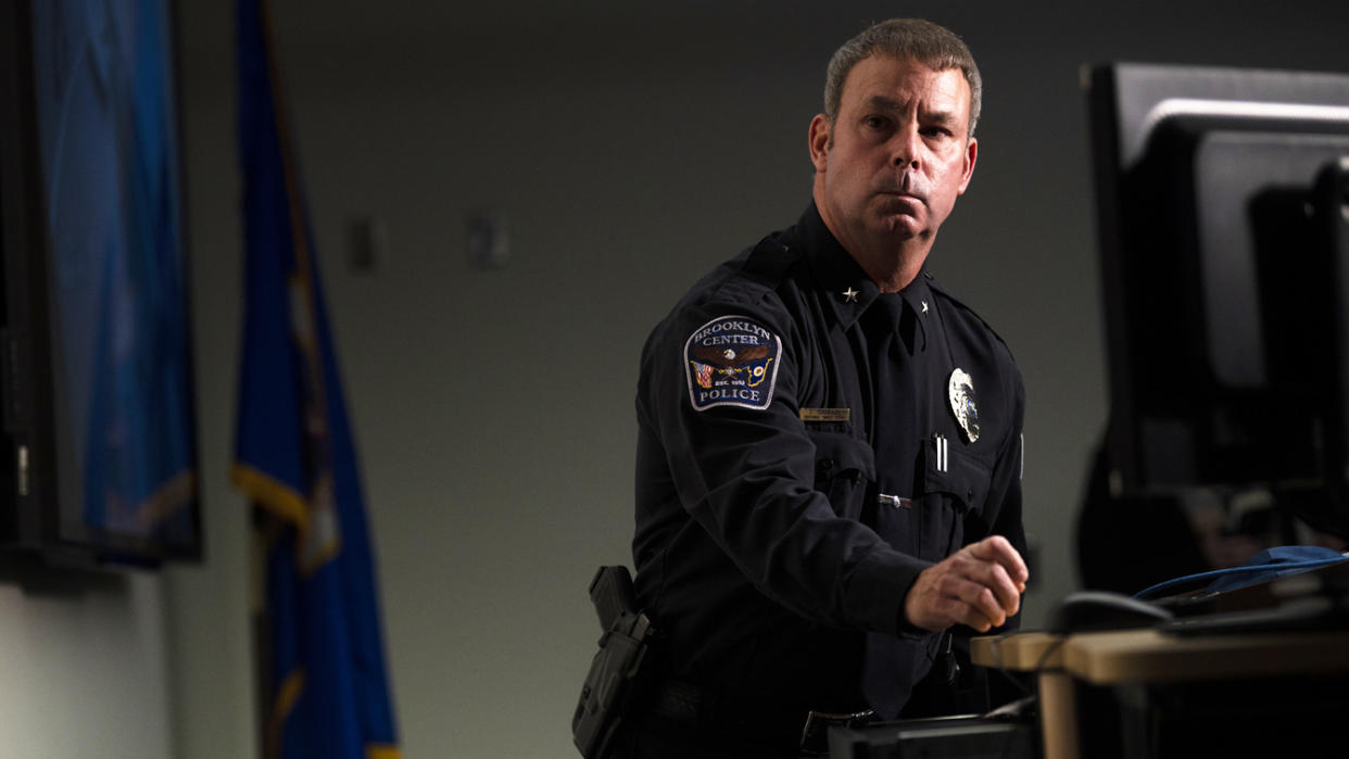 Brooklyn Center Police Chief Tim Gannon looks on as the video of the killing of 20-year-old Daunte Wright is played during a press conference at the Brooklyn Center police headquarters on April 12, 2021 in Brooklyn Center, Minnesota. (Stephen Maturen/Getty Images)