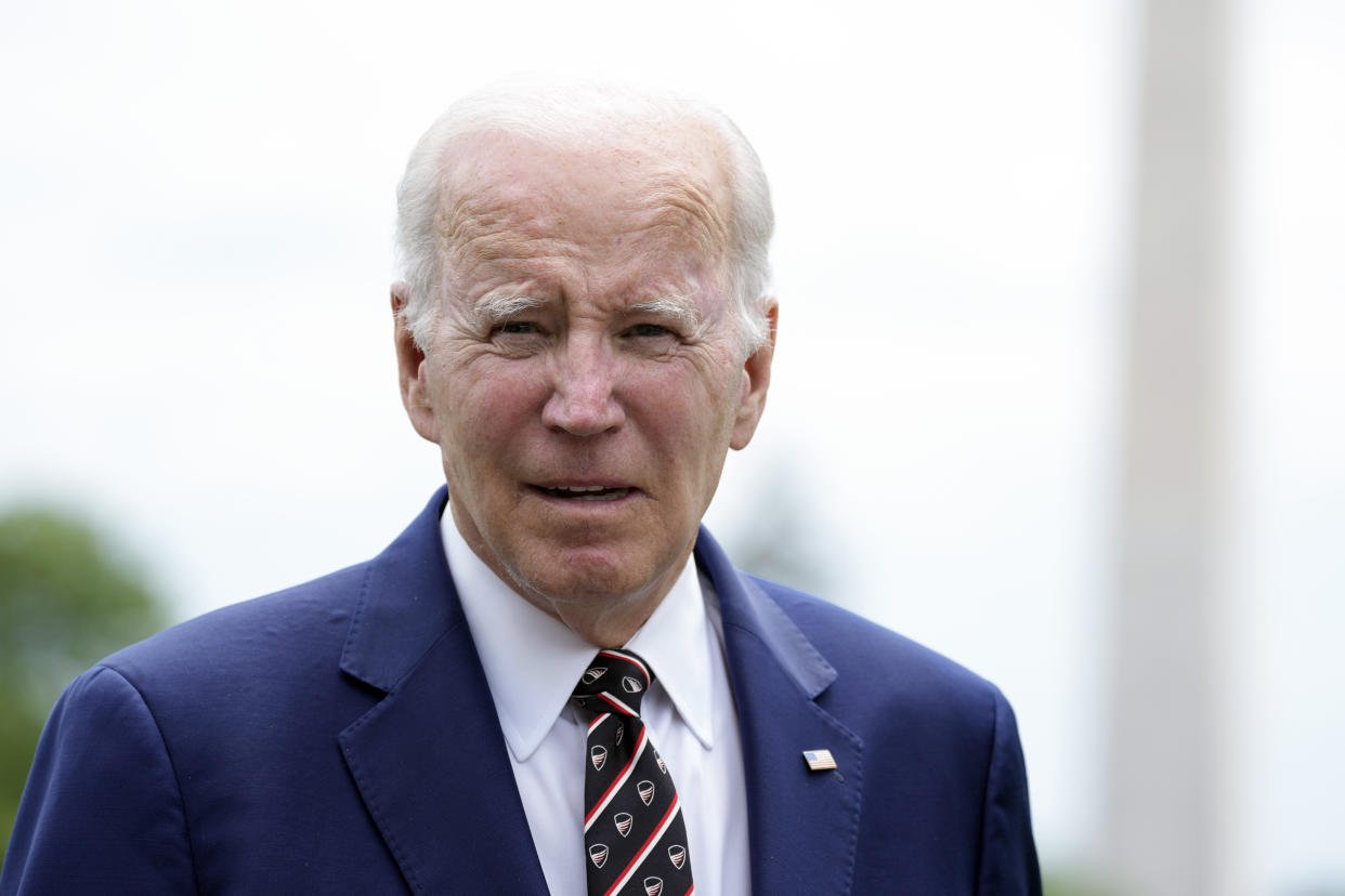 President Joe Biden returns to the White House in Washington, Sunday, May 28, 2023, after he and first lady Jill Biden were in Delaware to watch granddaughter Natalie Biden graduate from high school. (AP Photo/Manuel Balce Ceneta)