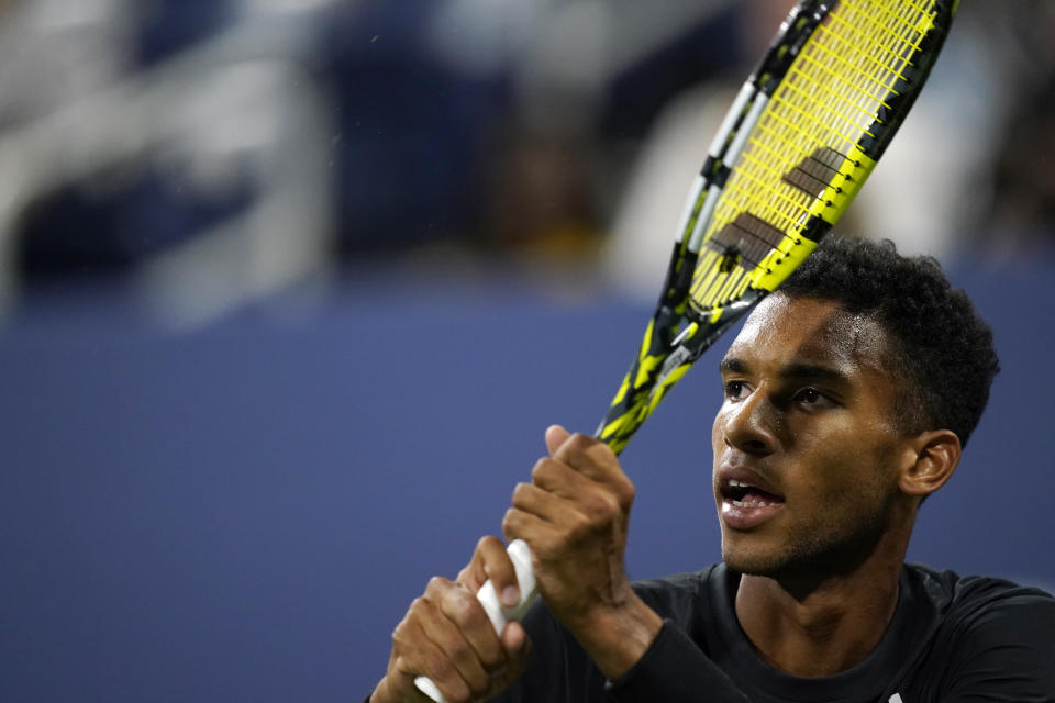 Felix Auger-Aliassime, of Canada, competes against Jack Draper, of Britain, during the second round of the U.S. Open tennis championships, Wednesday, Aug. 31, 2022, in New York. (AP Photo/Julia Nikhinson)