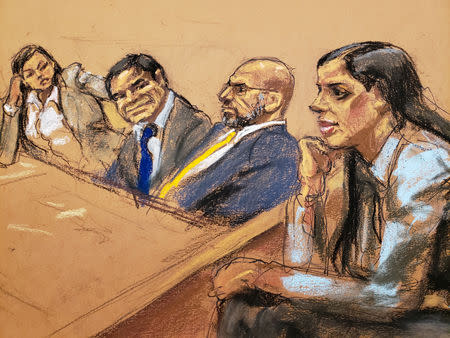 (L-R) Defense attorney Mariel Colon, accused Mexican drug lord Joaquin "El Chapo" Guzman, defense attorney A. Eduardo Balarezo and Joaquin Guzman's wife Emma Coronel Aispuro, sit in court in this courtroom sketch during Guzman's trial in Brooklyn federal court in New York City, U.S., January 30, 2019. REUTERS/Jane Rosenberg