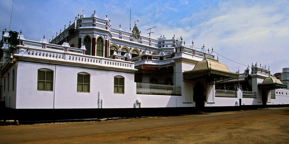 The white exterior of a mansion in Chettinad, Tamil Nadu, India in 2000.