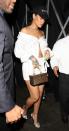 <p>Rihanna stepped out for a night at The Nice Guy in West Hollywood wearing Fenty x Puma, layered necklaces (including a "Don't Trip" piece by Huckleberry Ltd.), plus a Louis Vuitton bag. </p>