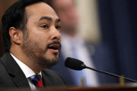 FILE - Rep. Joaquin Castro, D-Texas, speaks before the House Intelligence Committee on Capitol Hill in Washington, Nov. 21, 2019. Castro ducked a question when asked if House members in swing districts will be forced to run away from Biden in 2022, saying “I’m going to wait on political discussions.” But Castro added that the party had done as much as it could do on immigration this session. (AP Photo/Andrew Harnik, File)