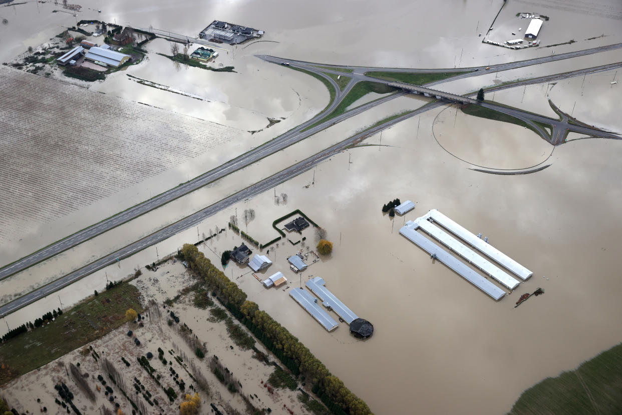 Floodwaters cover a section of Highway 1 on Nov. 20 in Abbotsford, British Columbia.