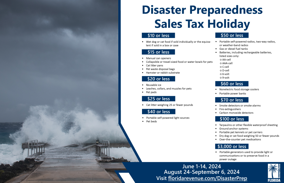 Florida's disaster preparedness sales tax holiday will happen twice in 2024, with the first two-week period starting June 1.