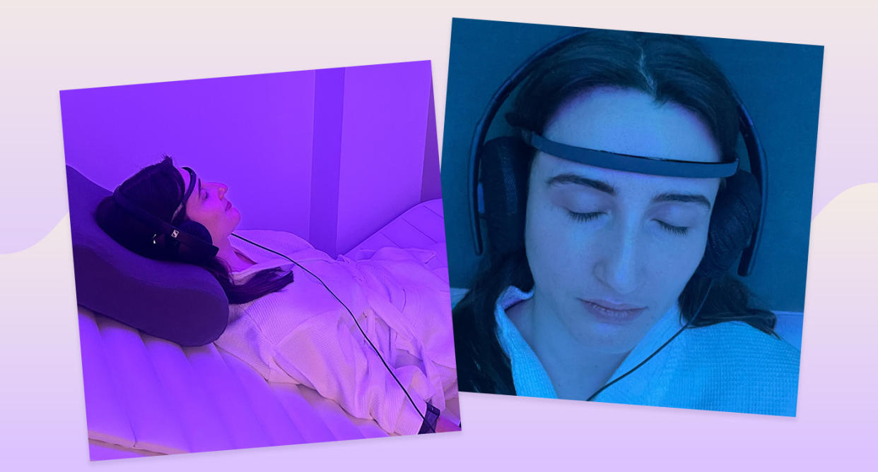 Lying in rebalance impulse bed and wearing headphones. (Yahoo Life Uk)