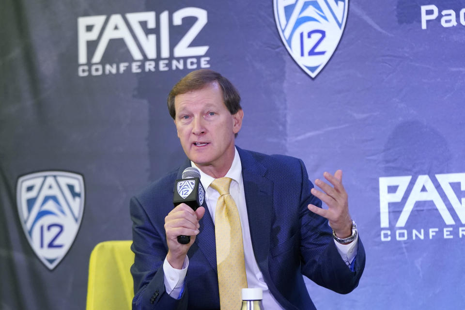 Oregon head coach Dana Altman speaks during Pac-12 Conference NCAA college basketball media day Wednesday, Oct. 13, 2021, in San Francisco. (AP Photo/Jeff Chiu)