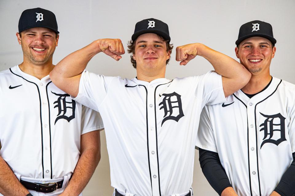 From left, Detroit Tigers pitchers Brant Hurter, Jackson Jobe and Ty Madden during picture day at TigerTown in Lakeland, Fla. on Friday, Feb. 23, 2024.